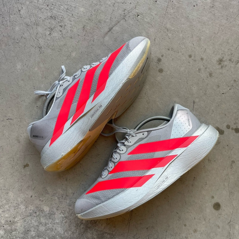 Adidas Adizero Evo SL Ekiden Pack Men's Size 11 Gray Pink Running Shoes (READ)